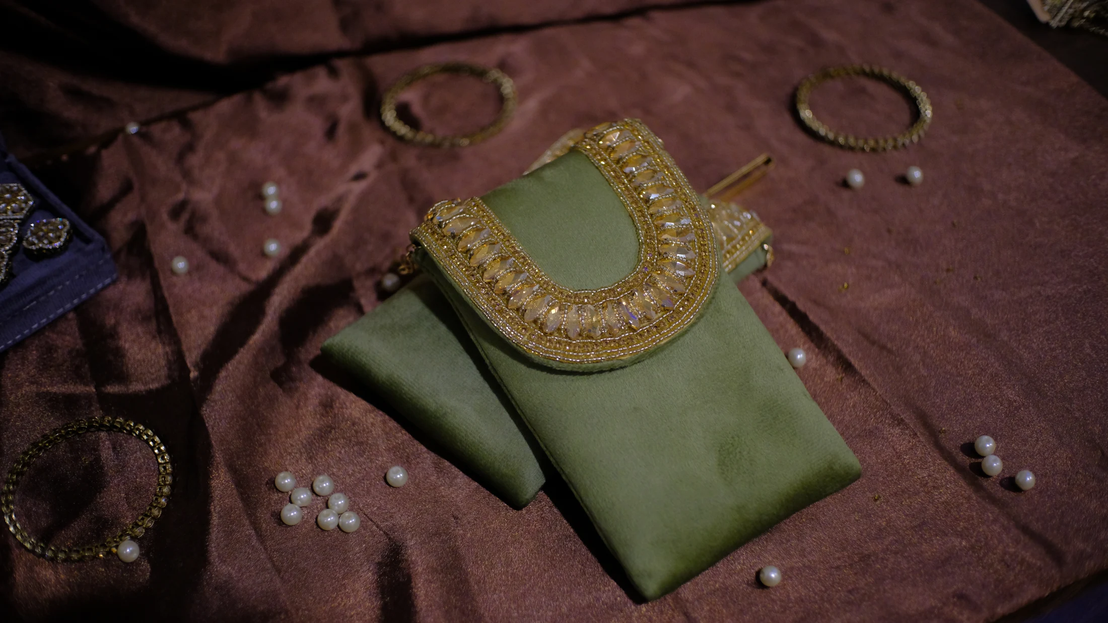 The Noor, Gold & sage · Embellished pouch